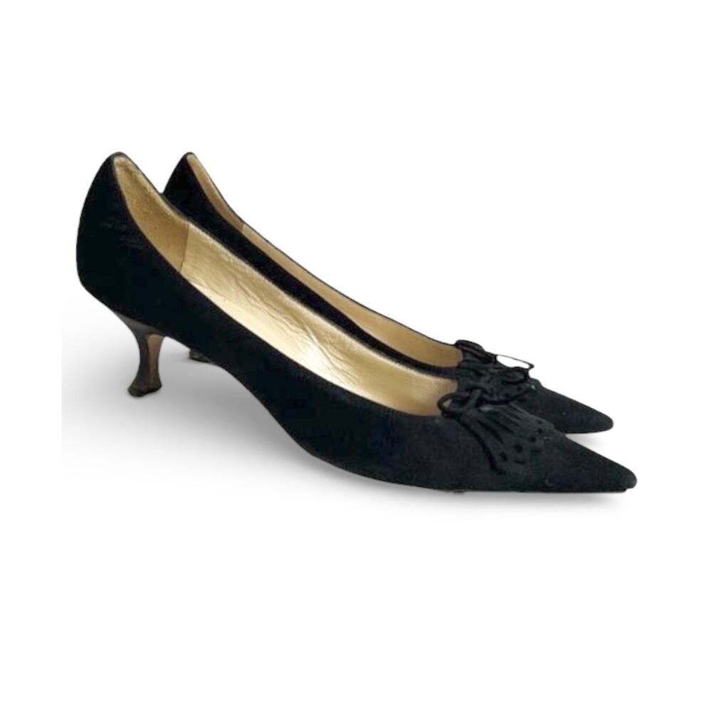 Manolo Blahnik Vintage Black Suede Bow Kitten Heel Pumps 35.5 Quiet Lux Poetcore